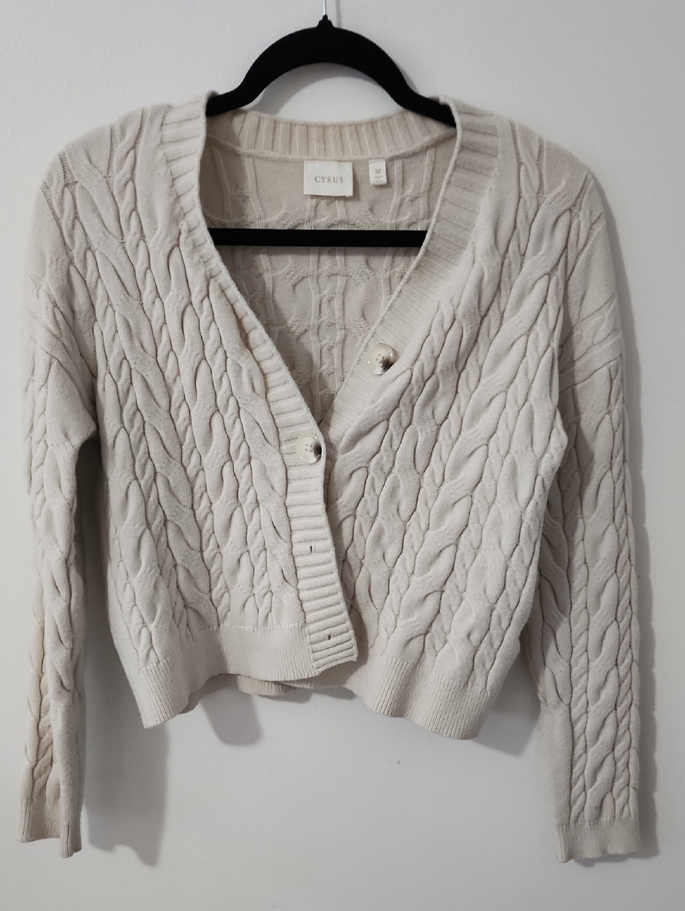 Cyrus Off-White Cable-Knit V-Neck Button Cardigan